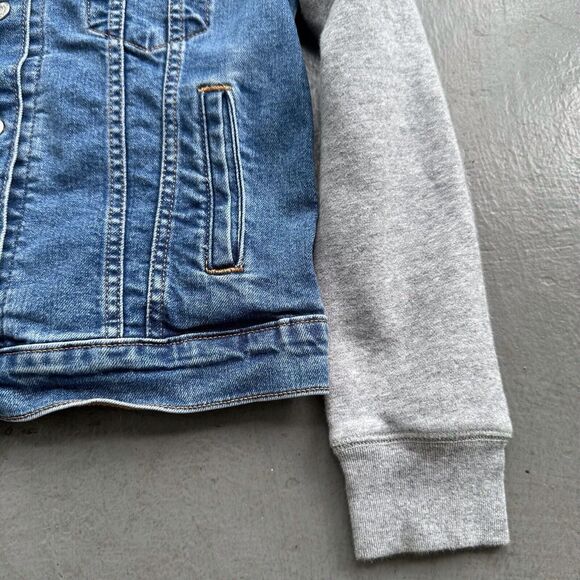 Levi’s Hybrid Twofer Hooded Denim Jean Trucker Jacket - Dark Wash Gray Wmns XS - Picture 6 of 12